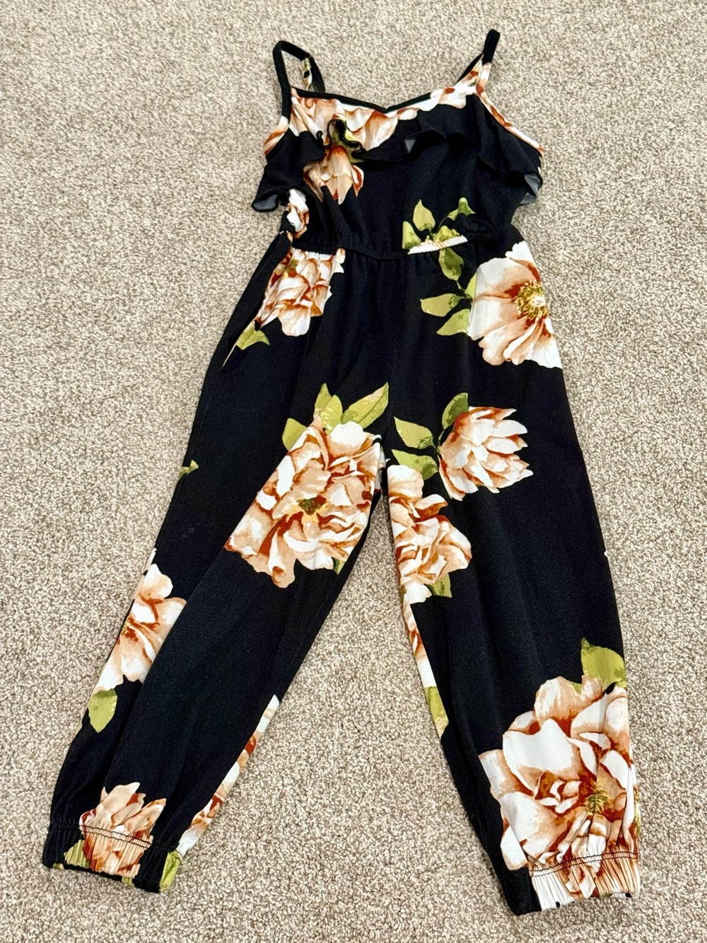 Mia Chica Girls Black Jumpsuit with Peach Floral Print